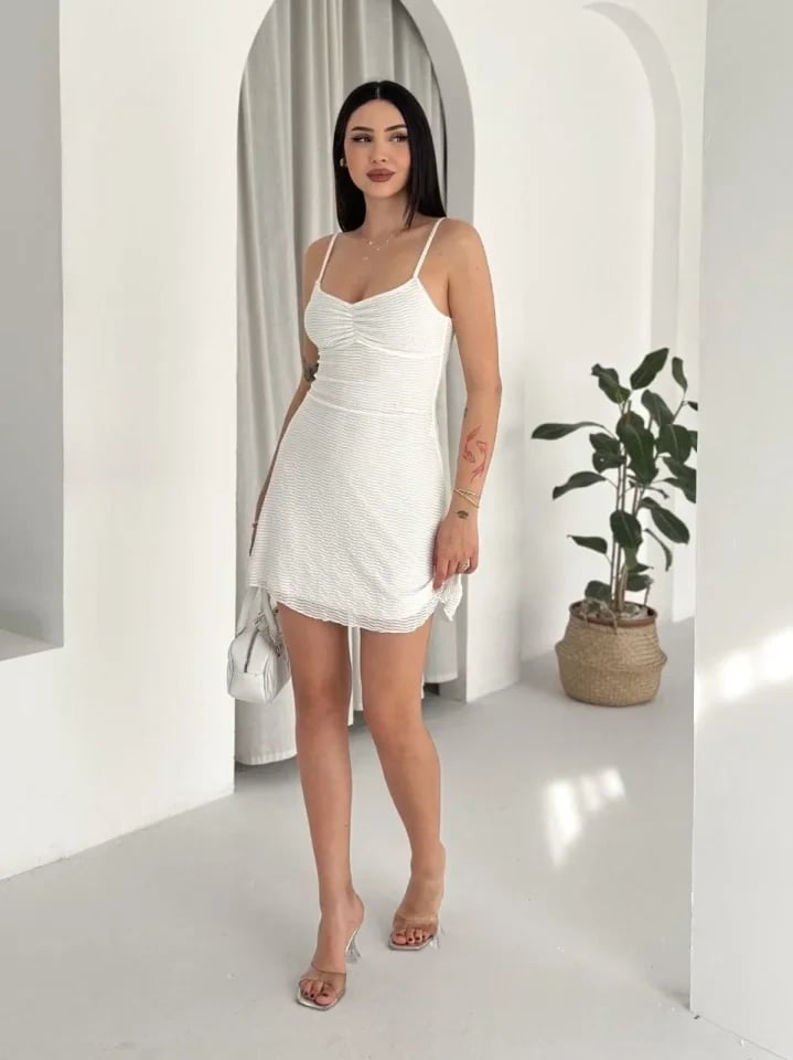 Askılı Mini Elbise Drapeli Göğüs Detay Likralı Yazlık Fit - Beyaz