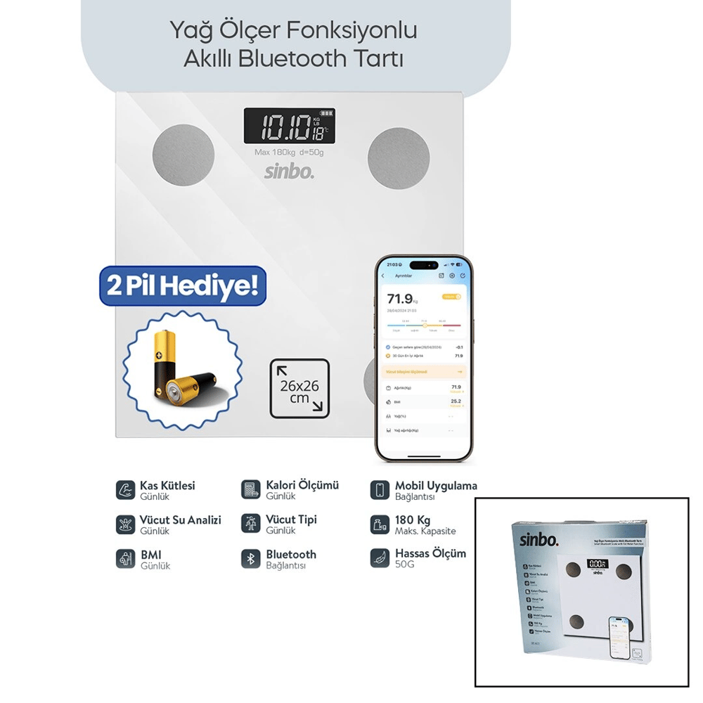 BASKÜL BEYAZ YAĞ ÖLÇER AKILLI BLUETOOTH CAM BASKÜL