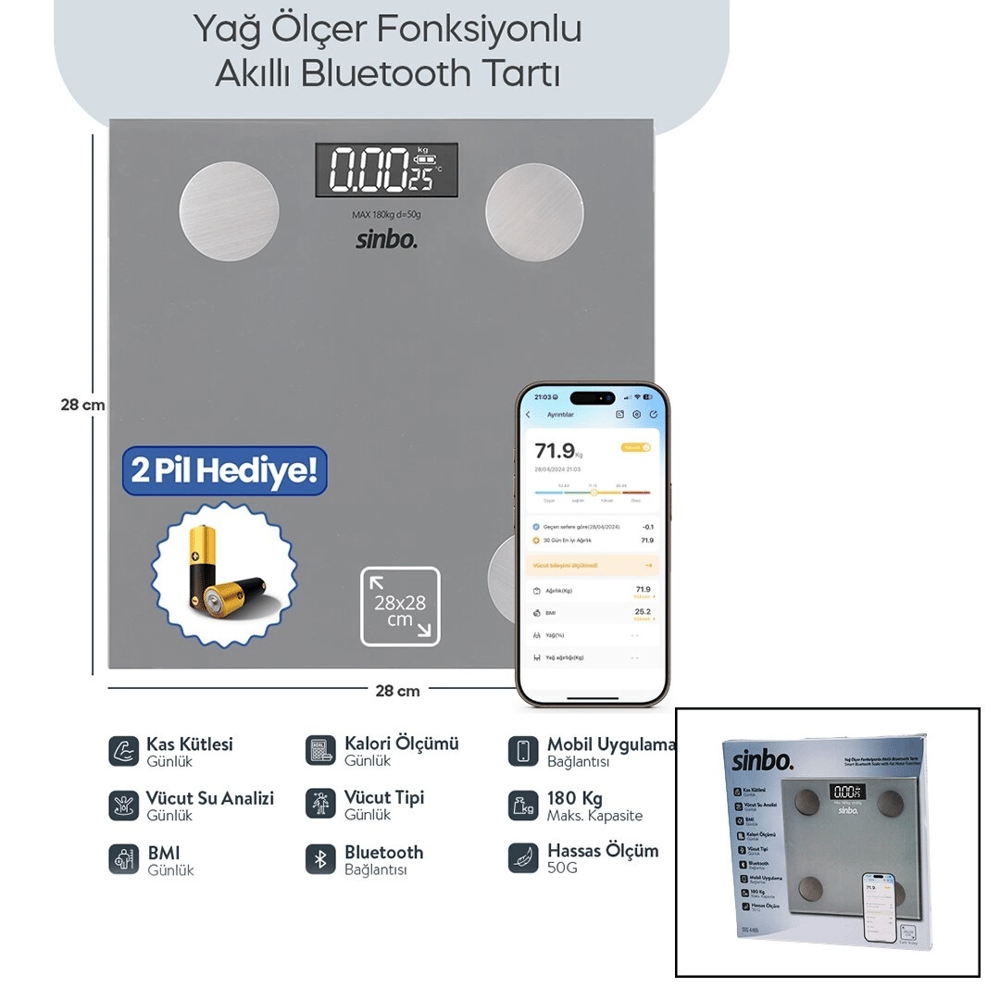 BASKÜL GRİ YAĞ ÖLÇER AKILLI BLUETOOTH CAM BASKÜL