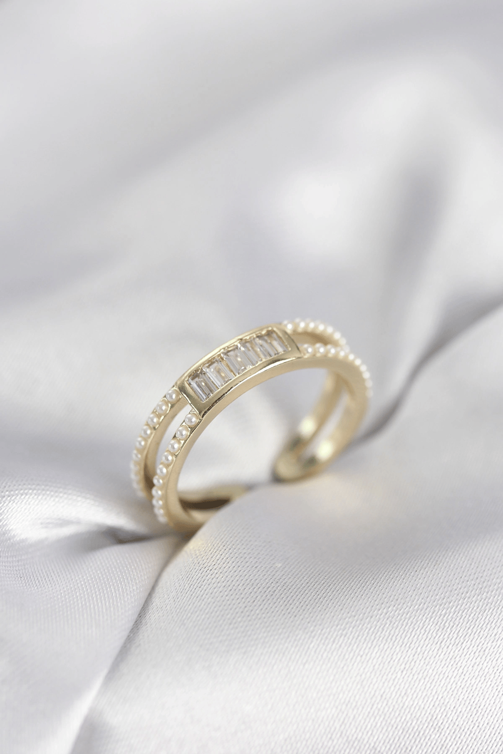 Baget Zirkon Taşlı Gold Renk İncili Kadın Yüzük