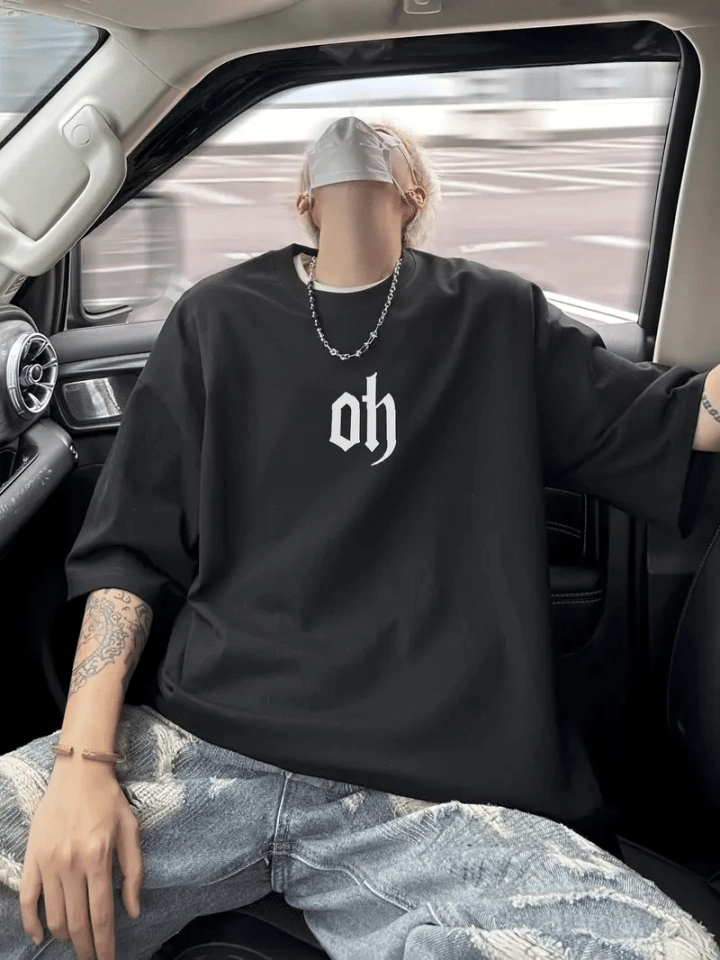 Baskılı Oversize Bisiklet Yaka T-shirt - Siyah