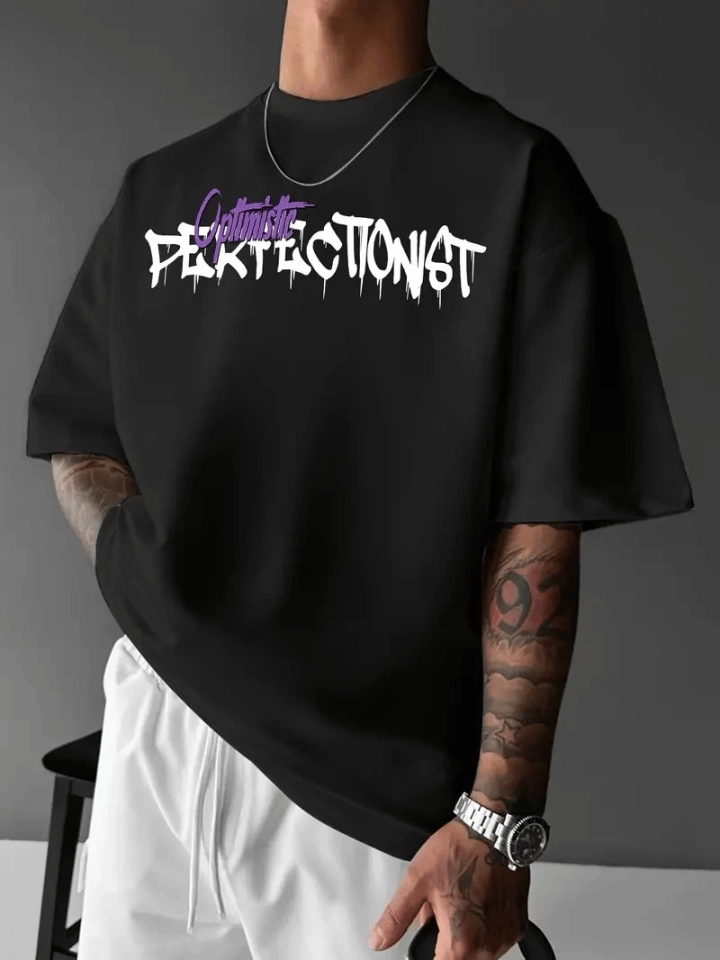 Baskılı Oversize Bisiklet Yaka T-shirt - Siyah