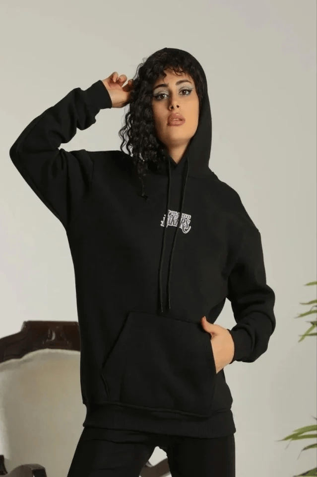 Baskılı Oversize Üç İplik Kapüşonlu Sweatshirt - Siyah