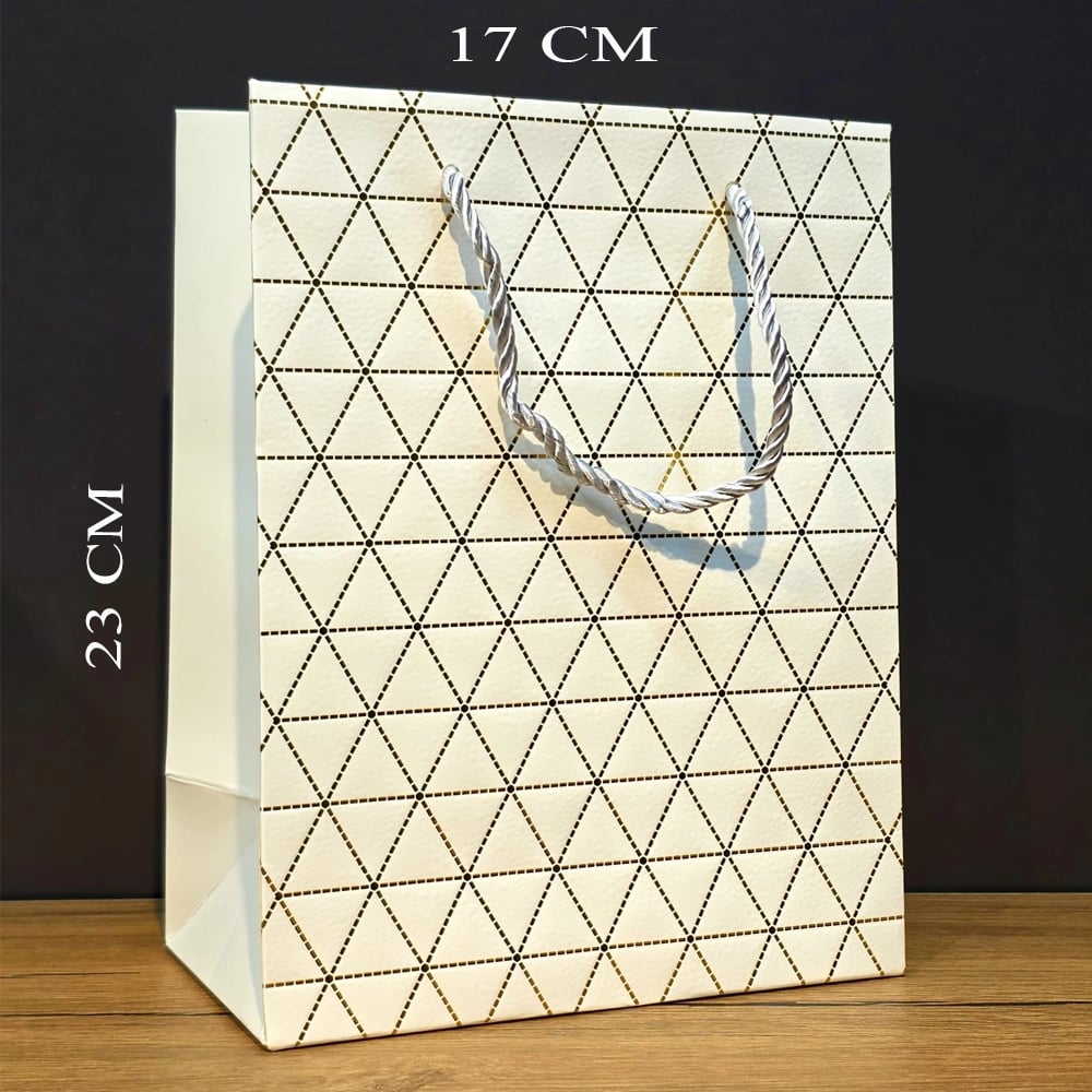 Beyaz Geometrik Desenli Orta Boy Karton Hediye Çantası