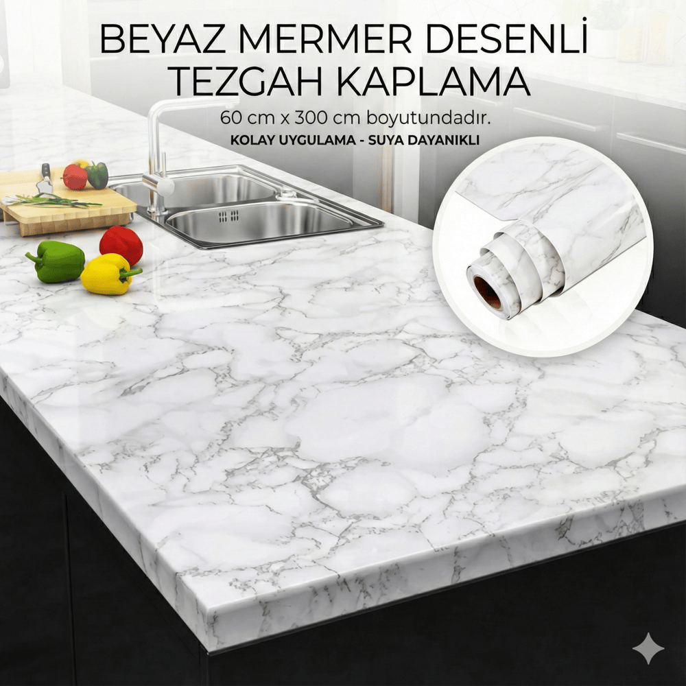 Beyaz Mermer Desenli Yapışkanlı Tezgah Folyosu (3 mt.x 60 cm)