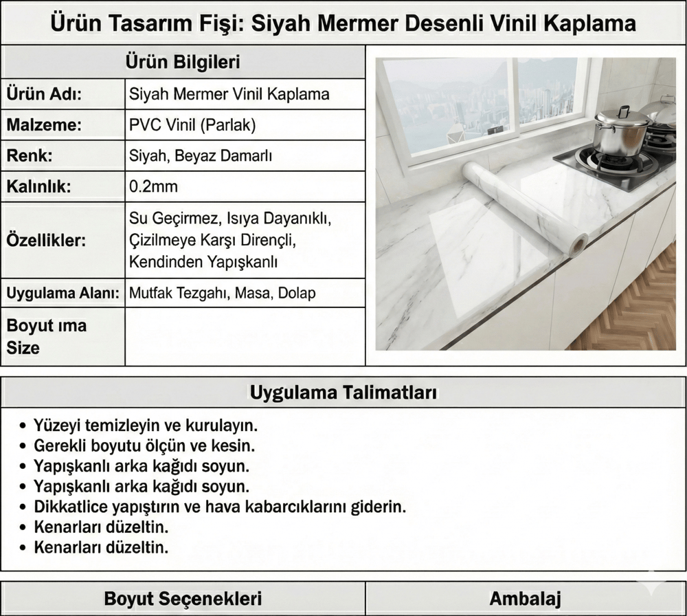 Beyaz Mermer Desenli Yapışkanlı Tezgah Folyosu (3 mt.x 60 cm)