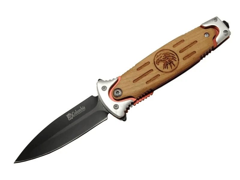 Columbia FS 11032 Kahverengi Kurtarma / Kamp Çakısı 20cm - Kartal İşlemeli Ahşap Sap, Kemerlikli, Cam Kırma Aparatlı