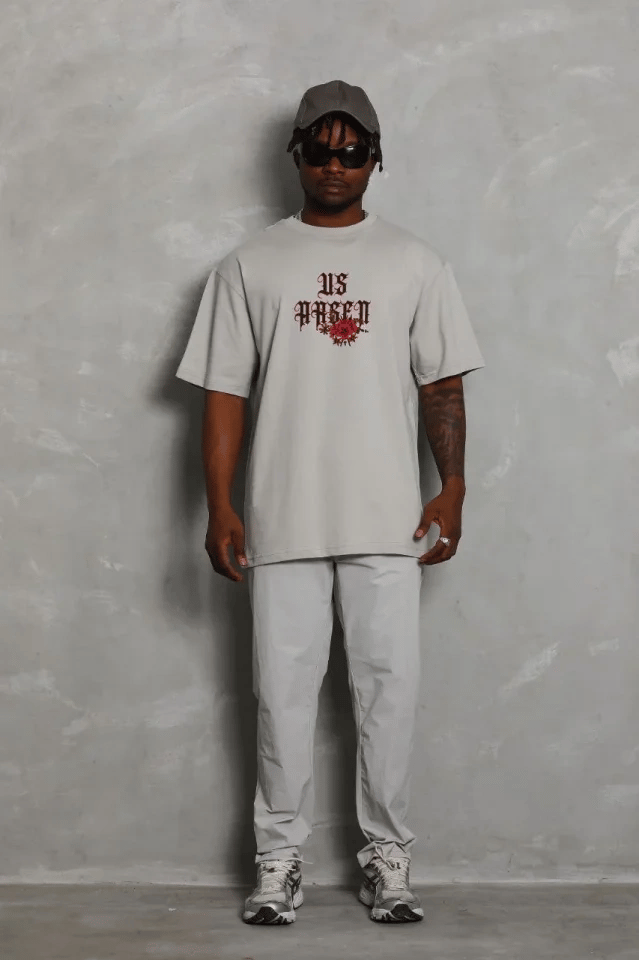 ERKEK Oversize Baskılı Bisiklet Yaka T-Shirt - Gri