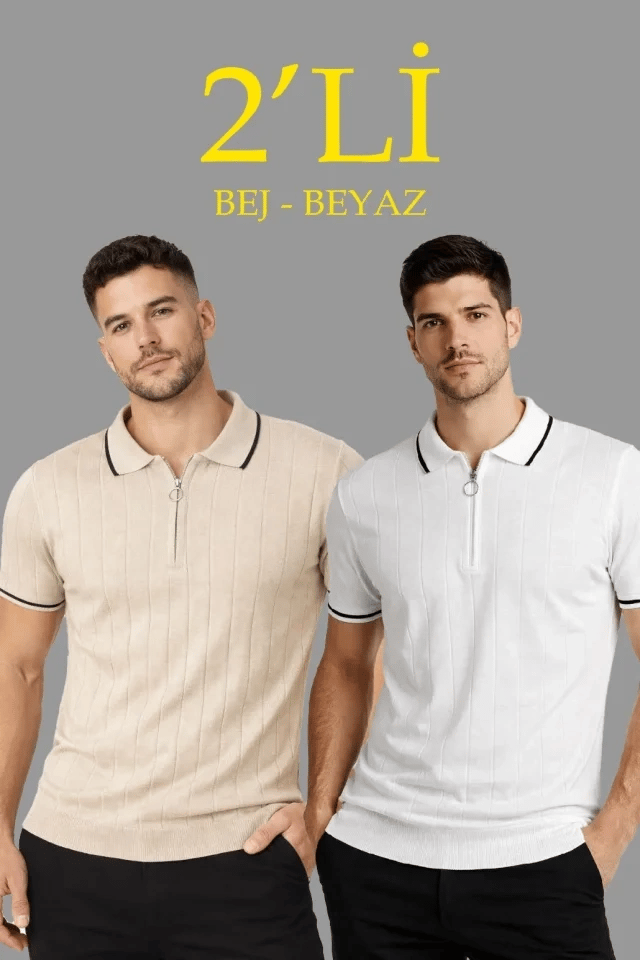 Erkek 2’li Paket Dokuma Triko  Fermuarlı Yakalı Fitilli Kısa Kollu Regular Fit Tişört - Bej - Beyaz