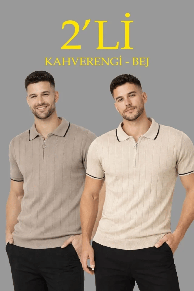 Erkek 2’li Paket Dokuma Triko  Fermuarlı Yakalı Fitilli Kısa Kollu Regular Fit Tişört - Bej - Kahverengi