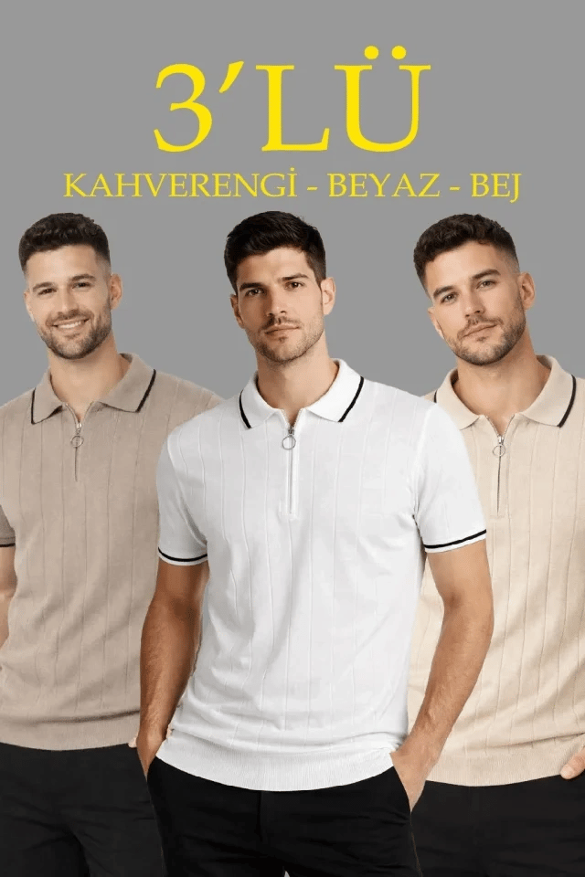 Erkek 3’lü Paket Dokuma Triko  Fermuarlı Yakalı Fitilli Kısa Kollu Regular Fit Tişört - Kahverengi, Beyaz, Bej