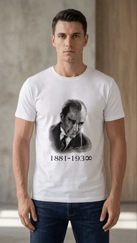 Erkek Atatürk Baskılı Tişört Kısa Kollu Bisiklet Yaka  T-Shirt - Beyaz