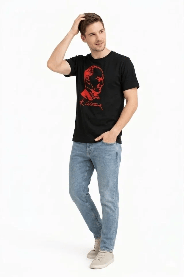 Erkek Atatürk Baskılı Tişört Kısa Kollu Bisiklet Yaka T-Shirt - Siyah