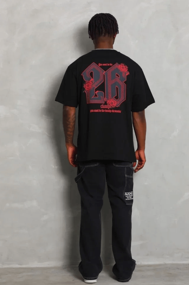 Erkek Baskılı Tişort Kısa Kol Bisiklet Yaka Ovarsize T-Shirt - Siyah