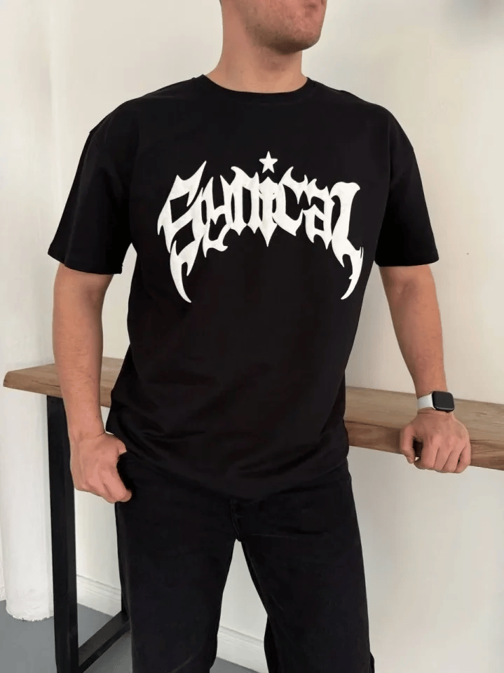 Erkek Bisiklet Yaka Ön Baskılı  Kısa Kollu Tişört Streetwear Günlük Basic Pamuklu T-shirt - Siyah