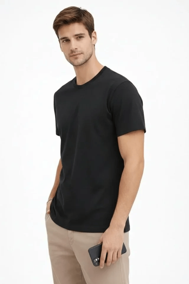 Erkek Bisiklet Yaka Tişört Regular Kalıp Basic Pamuklu Günlük Kullanım T-shirt - Siyah
