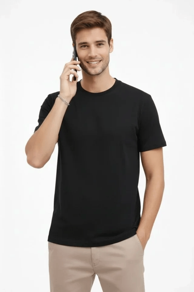 Erkek Bisiklet Yaka Tişört Regular Kalıp Basic Pamuklu Günlük Kullanım T-shirt - Siyah