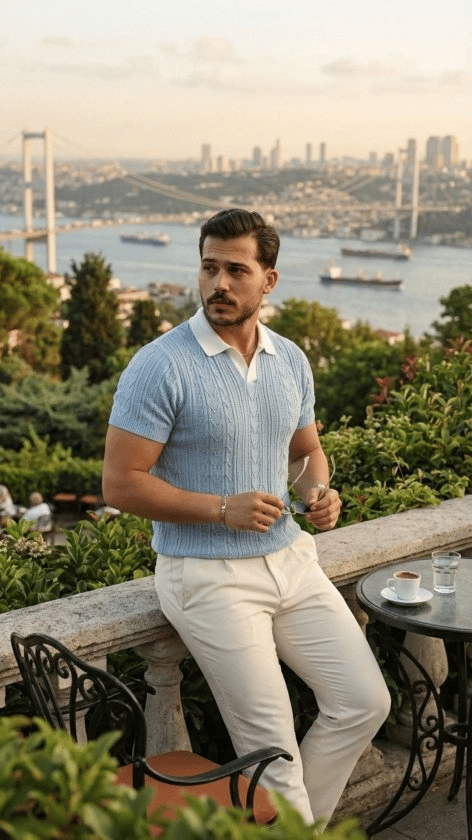 Erkek Desenli Kısa Kollu Triko Tişört - %100 Pamuk Akrilik