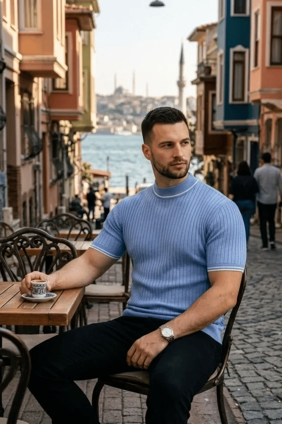 Erkek Fitilli Triko Dokuma Kısa Kol Tişört Yarım Boğaz Modern Yazlık T-Shirt - Bebe Mavisi