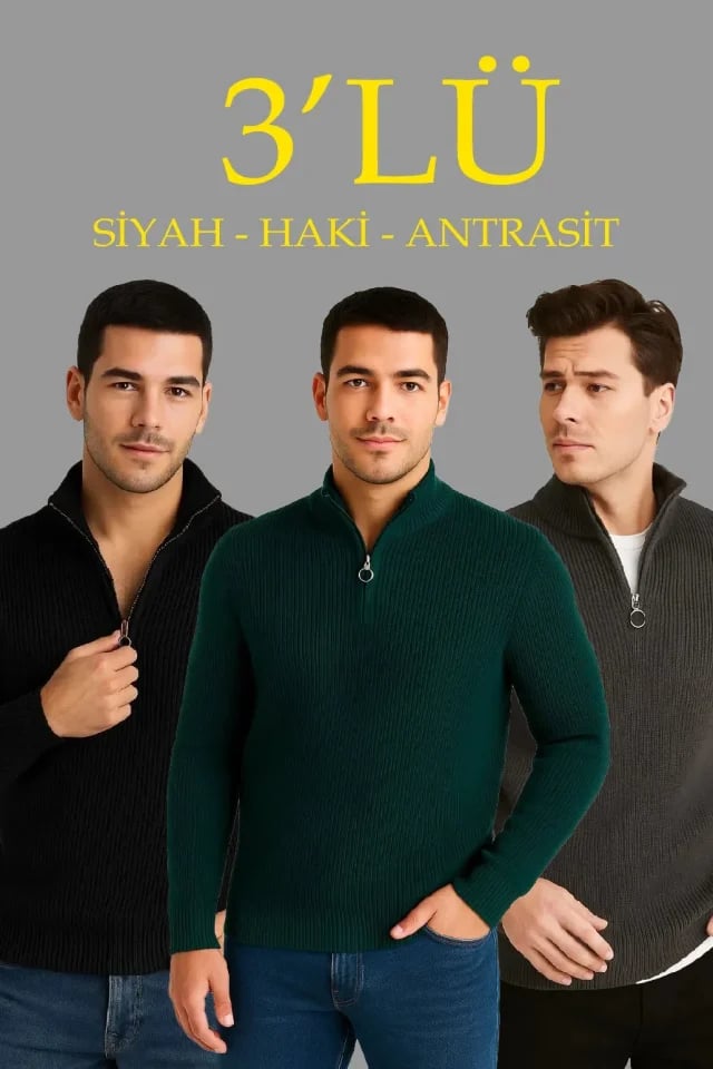 Erkek Fitilli Triko Kazak 3’lü Set – Haki, Siyah, Antrasit Kalın Dokuma Pamuklu Regular Fit V Yaka Fermuarlı Uzun Kollu Rahat Kışlık Kazak Kombini