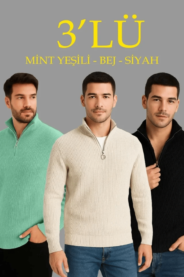 Erkek Fitilli Triko Kazak 3’lü Set – Mint Yeşili, Siyah, Bej Kalın Dokuma Pamuklu Regular Fit V Yaka Fermuarlı Uzun Kollu Rahat Kışlık Kazak Kombini