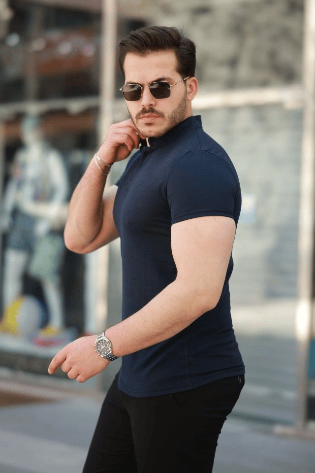 Erkek Hakim Yaka Dokuma Pamuklu Kumaş Kısa Kollu T-shirt