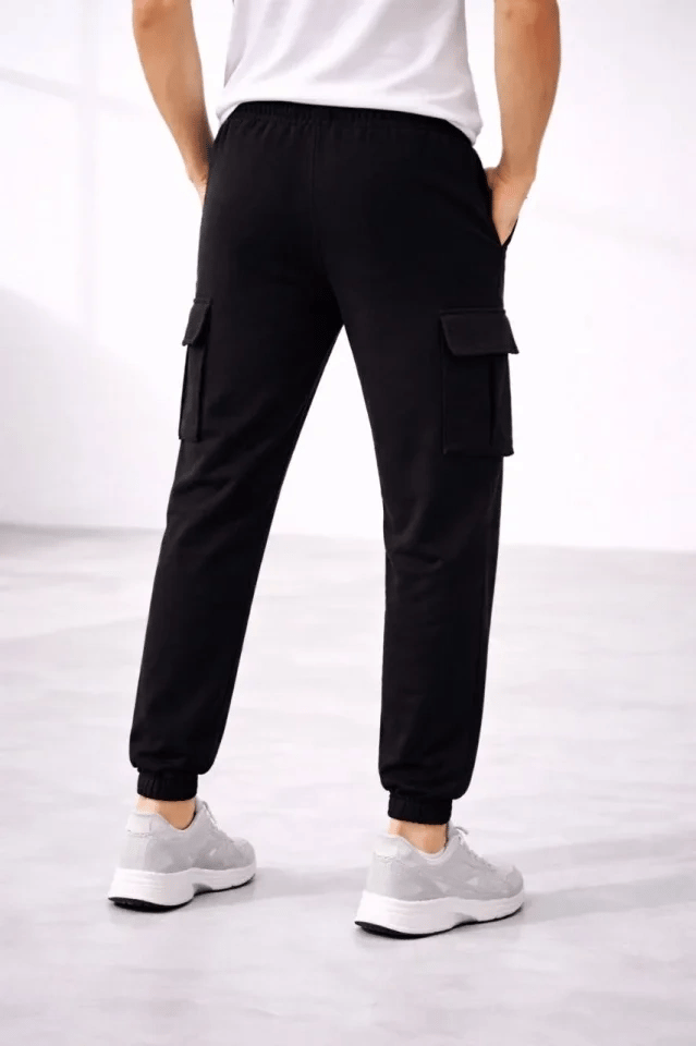 Erkek Jogger Eşofman Altı Regular Fit , Kargo Cepli, Lastikli Paça, Günlük Spor Pantolon - Siyah