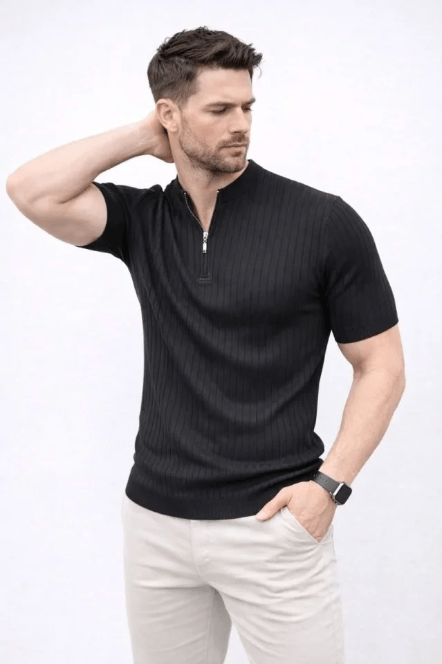 Erkek Kısa Kol Fitilli Triko T-Shirt Yazlık Hakim Yaka Tişört - Siyah