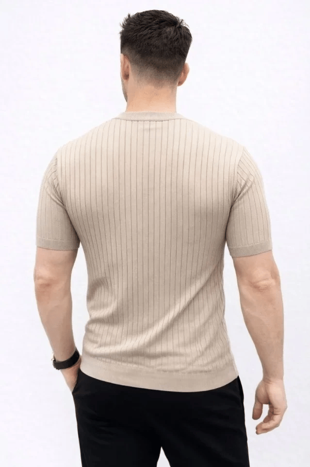 Erkek Kısa Kol Fitilli Triko T-Shirt Yazlık Hakim Yaka Tişört - Bej