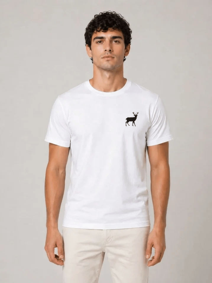 Erkek Minimal Geyik Logolu Tişört Bisiklet Yaka Kısa Kol Yazlık T-Shirt - Beyaz