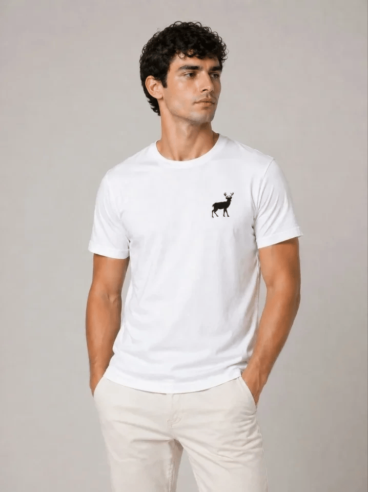 Erkek Minimal Geyik Logolu Tişört Bisiklet Yaka Kısa Kol Yazlık T-Shirt - Beyaz