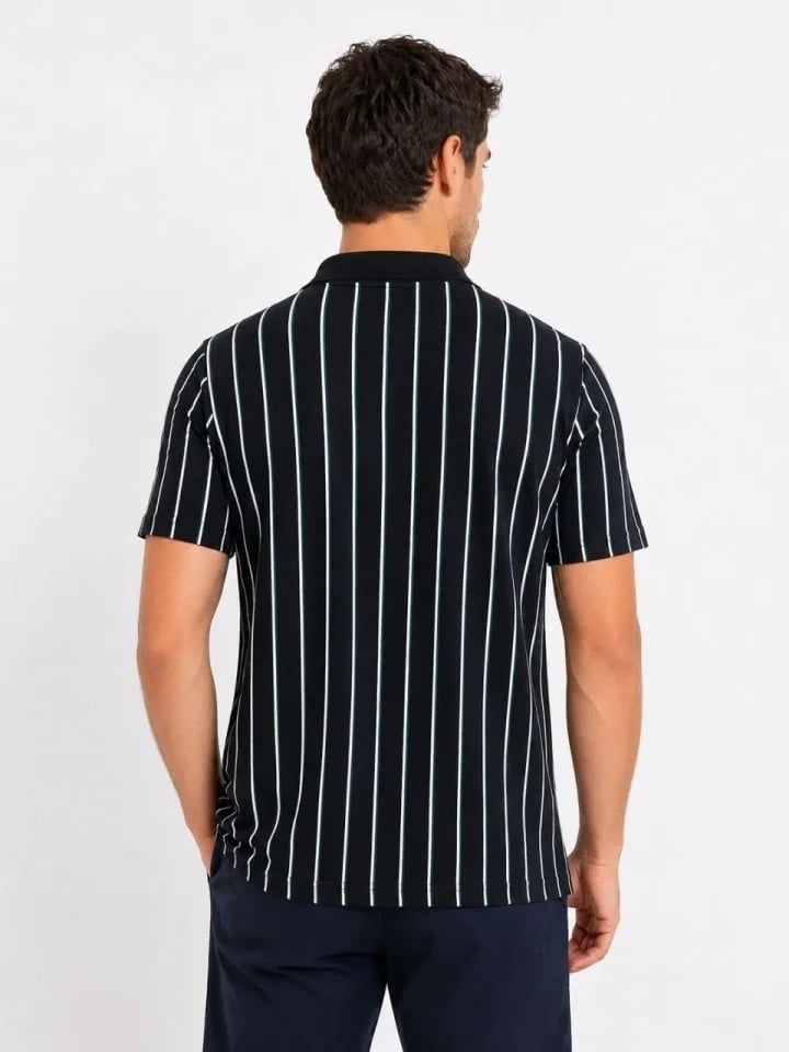 Erkek Pike Kumaş Çizgili Polo Yaka Tişört Kısa Kol Yazlık T-Shirt - Siyah