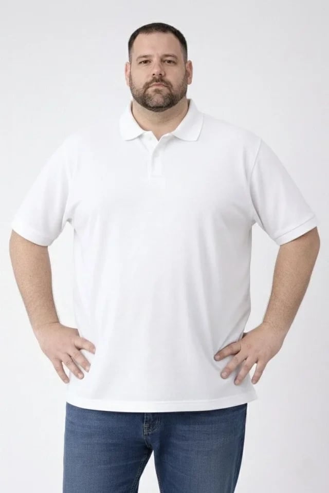 Erkek Pike Kumaş Düğmeli Yaka Battal Büyük Beden Günlük Kısa Kol Tişört T-shirt - Beyaz