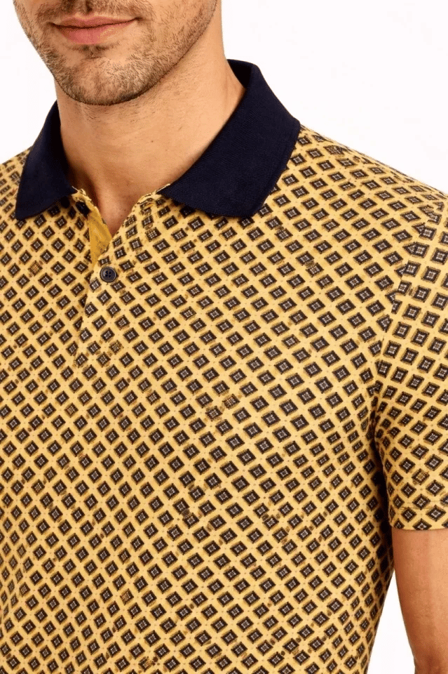 Erkek Pike Kumaş Polo Yaka Desenli Tişört Kısa Kol Yazlık T-Shirt - Sarı