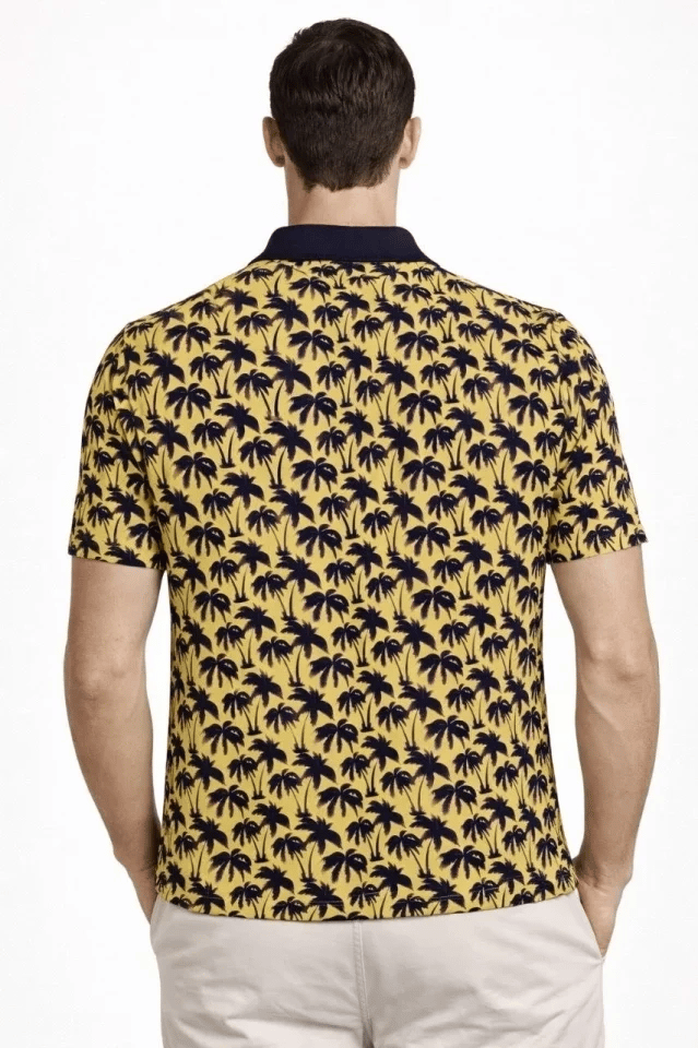 Erkek Pike Kumaş Polo Yaka Palmiye Desenli Tişört Kısa Kol Yazlık T-Shirt - Sarı