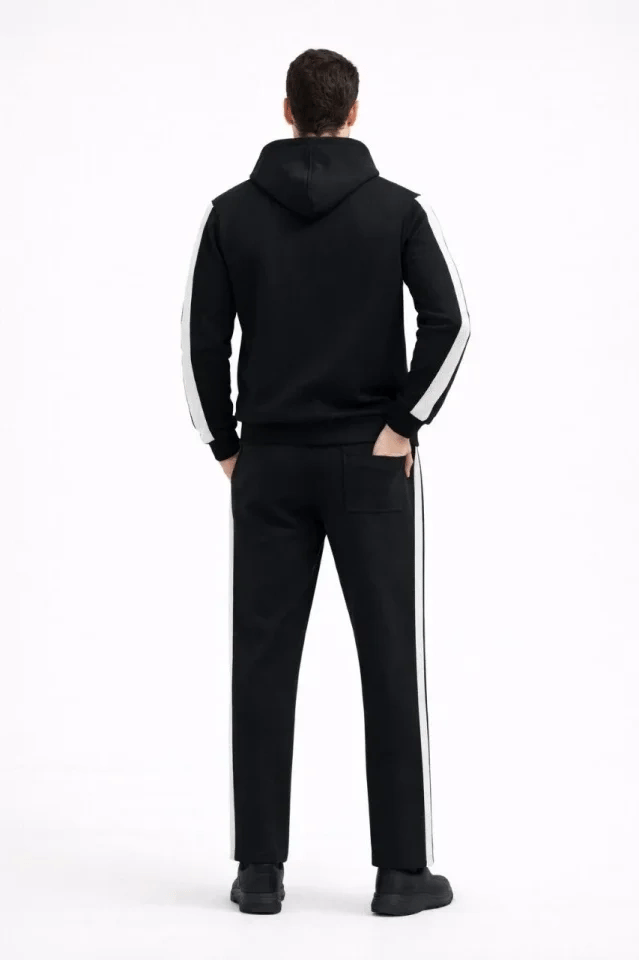 Erkek Şeritli Eşofman Takım Kapüşonlu Sweatshirt Boru Paça Alt, Oversize 3 Iplik Pamuklu - Siyah