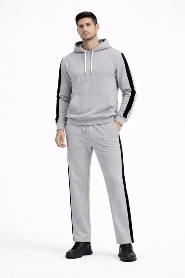 Erkek Şeritli Eşofman Takım Kapüşonlu Sweatshirt Boru Paça Alt, Oversize 3 Iplik Pamuklu - Gri