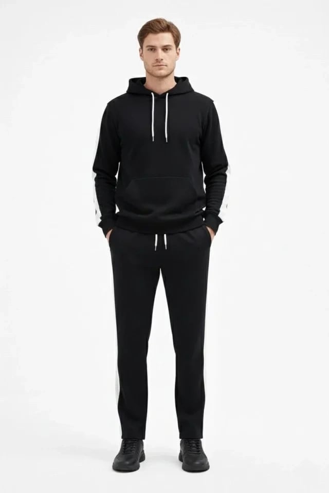 Erkek Şeritli Eşofman Takım Kapüşonlu Sweatshirt Boru Paça Alt, Oversize 3 Iplik Pamuklu - Siyah