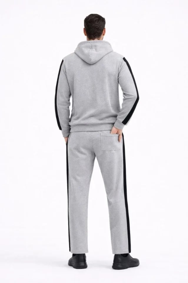 Erkek Şeritli Eşofman Takım Kapüşonlu Sweatshirt Boru Paça Alt, Oversize 3 Iplik Pamuklu - Gri