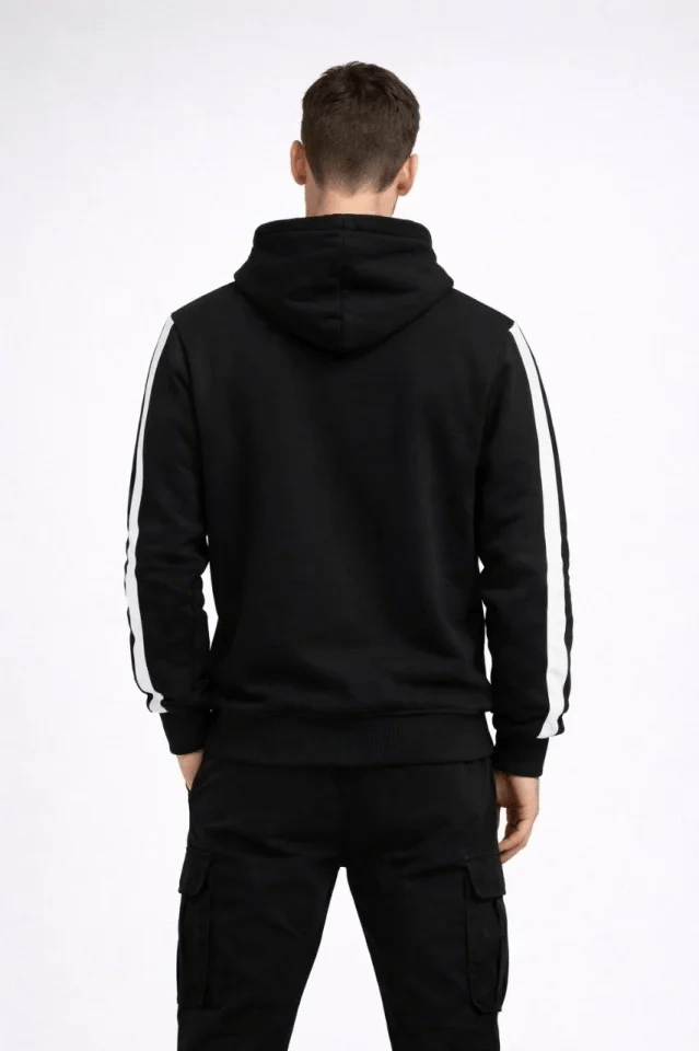 Erkek Şeritli Kapüşonlu Sweatshirt Oversize 3 Iplik Pamuklu - Siyah