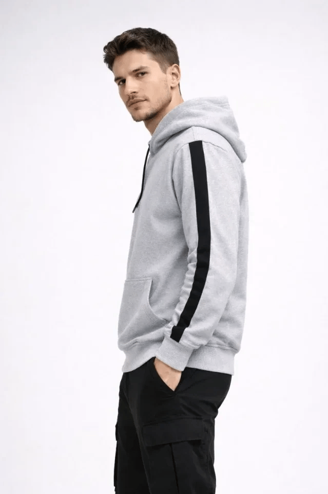 Erkek Şeritli Kapüşonlu Sweatshirt Oversize 3 Iplik Pamuklu - Beyaz