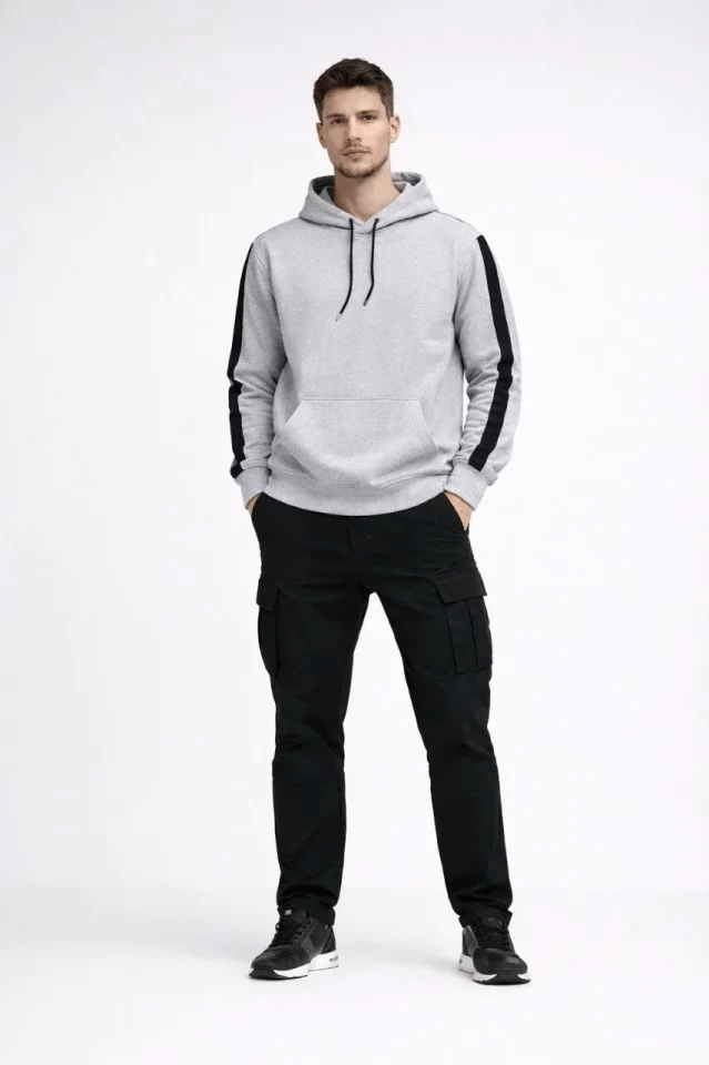 Erkek Şeritli Kapüşonlu Sweatshirt Oversize 3 Iplik Pamuklu - Beyaz
