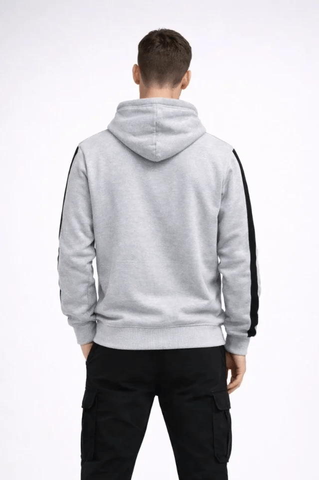 Erkek Şeritli Kapüşonlu Sweatshirt Oversize 3 Iplik Pamuklu - Beyaz