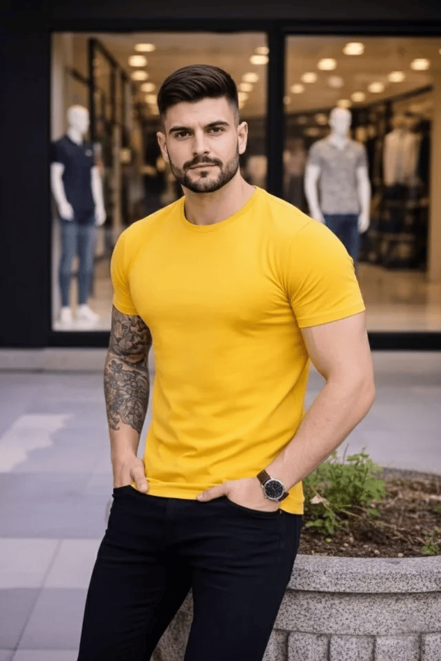 Erkek T-Shirt Bisiklet Yaka Slim Fit Dar Kesim Likralı Tişört Günlük Basic Body - Sarı