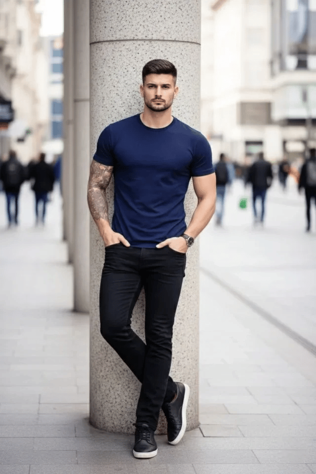 Erkek T-Shirt Bisiklet Yaka Slim Fit Dar Kesim Likralı Tişört Günlük Basic Body - Lacivert