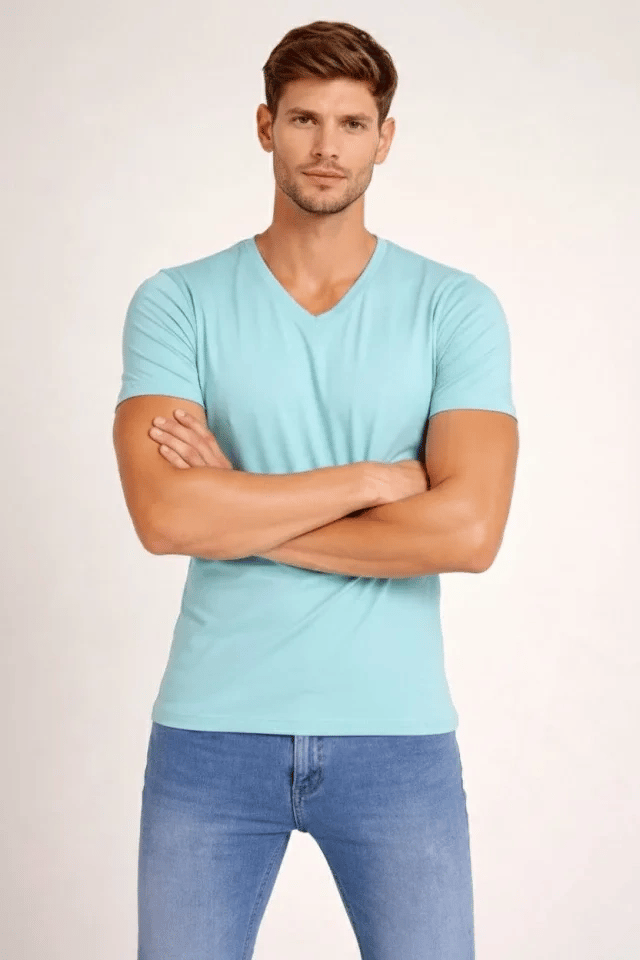 Erkek T-Shirt V Yaka Slim Fit Dar Kesim Likralı Tişört Günlük Basic Body - Turkuvaz