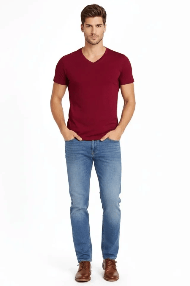 Erkek T-Shirt V Yaka Slim Fit Dar Kesim Likralı Tişört Günlük Basic Body - Bordo