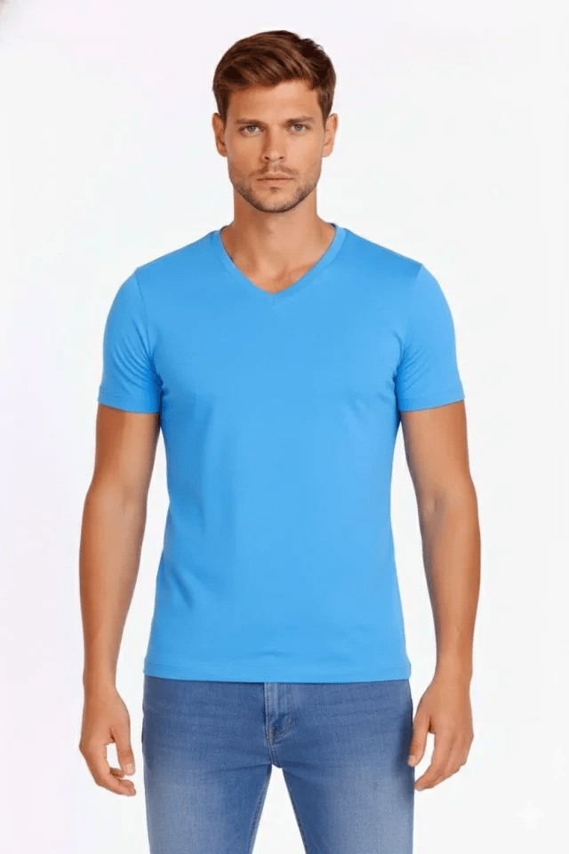 Erkek T-Shirt V Yaka Slim Fit Dar Kesim Likralı Tişört Günlük Basic Body - Açık Mavi