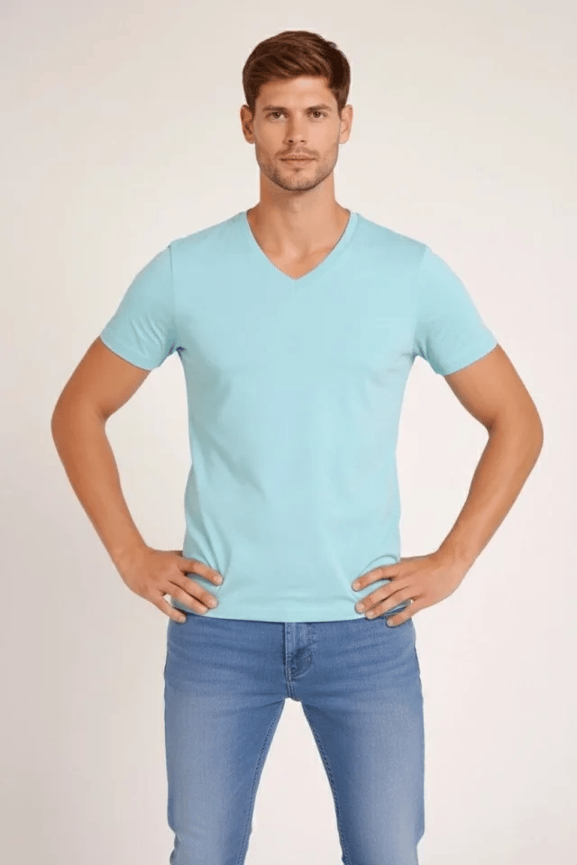 Erkek T-Shirt V Yaka Slim Fit Dar Kesim Likralı Tişört Günlük Basic Body - Turkuvaz