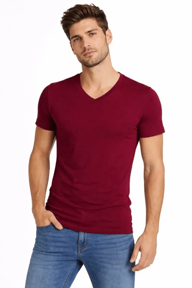 Erkek T-Shirt V Yaka Slim Fit Dar Kesim Likralı Tişört Günlük Basic Body - Bordo
